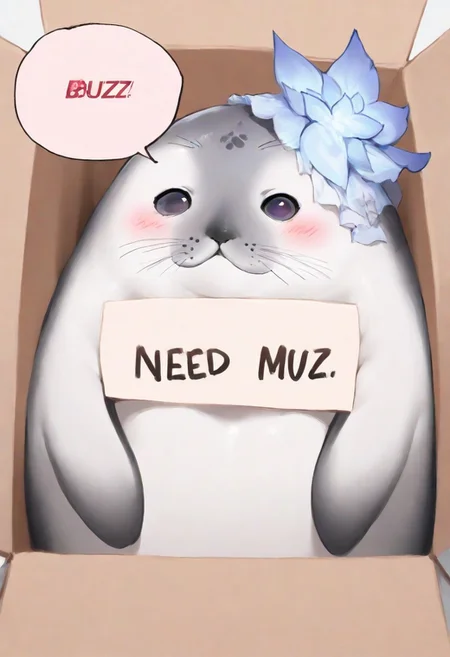 masterpiece,best quality,amazing quality,absurdres,seal, no humans, animal focus, whiskers, seal (animal), seele vollerei (herrscher of rebirth), solo, cartoon, cute, oversized animal, in box, in container, cardboard box, need_buzz, holding sign, speech bubble,english text, talking, "BUZZ ME" in the speech bubble