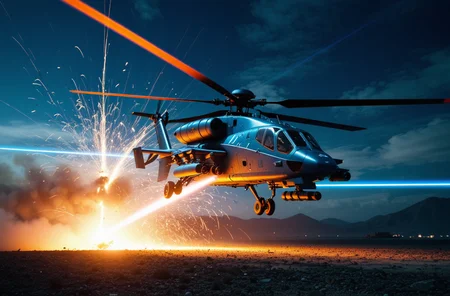 (SF style), Unimaginably huge SF style combat helicopter (Very futuristic combat helicopter: 1.1), Intense laser attacks and anti-aircraft fire from the ground, Blue shining lasers and explosions (Air strike: 1.1), Special effects-like lighting, Still photos