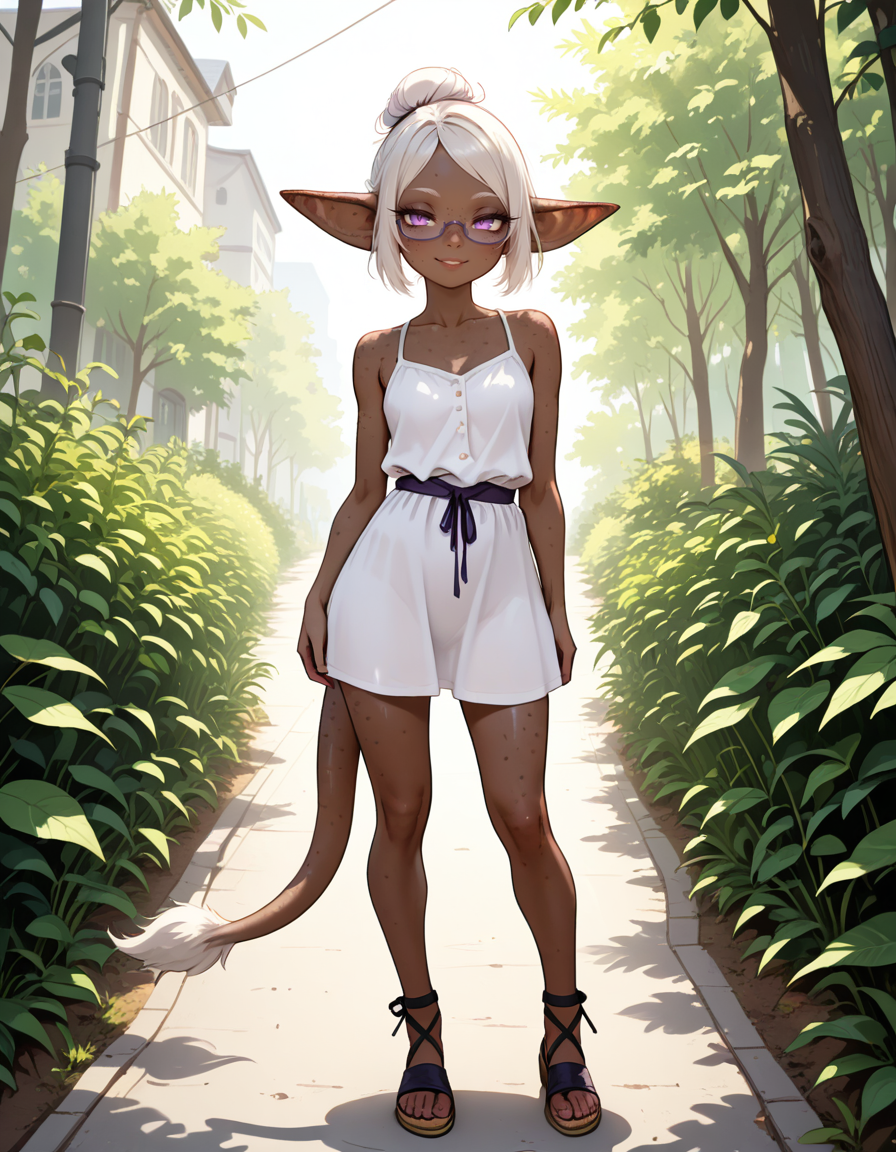 masterpiece, best quality, very aesthetic, absurdres,
outdoors, casual, 
full body, standing, posing, 
seductive smile, parted lips, long eyelashes,
 <lora:Gobi_v01_NAIXL:1>
G0b1,1girl,solo,goblin girl,dark-skinned female,pointy ears,short hair,white hair,single hair bun,ponytail,purple eyes,semi-rimless eyewear,freckles,colored skin,tail,