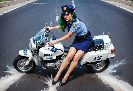 score_9, score_8_up, score_7_up, score_6_up, score_5_up,  <lora:AkiraslideXLP2:0.6> akira slide, 1girl, police uniform, police, ground vehicle, uniform, policewoman, hat, riding, skirt, motor vehicle, green hair, pencil skirt, motorcycle, 1girl, olz_maja1