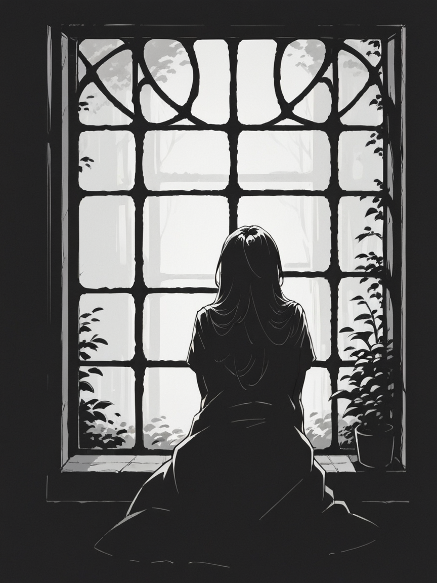 score_9, score_8_up, score_7_up, score_6_up, score_5_up, score_4_up,  <lora:c0ntr4stbwXLP:0.7> c0ntr4st, monochrome, high contrast, window, 1girl, full body,