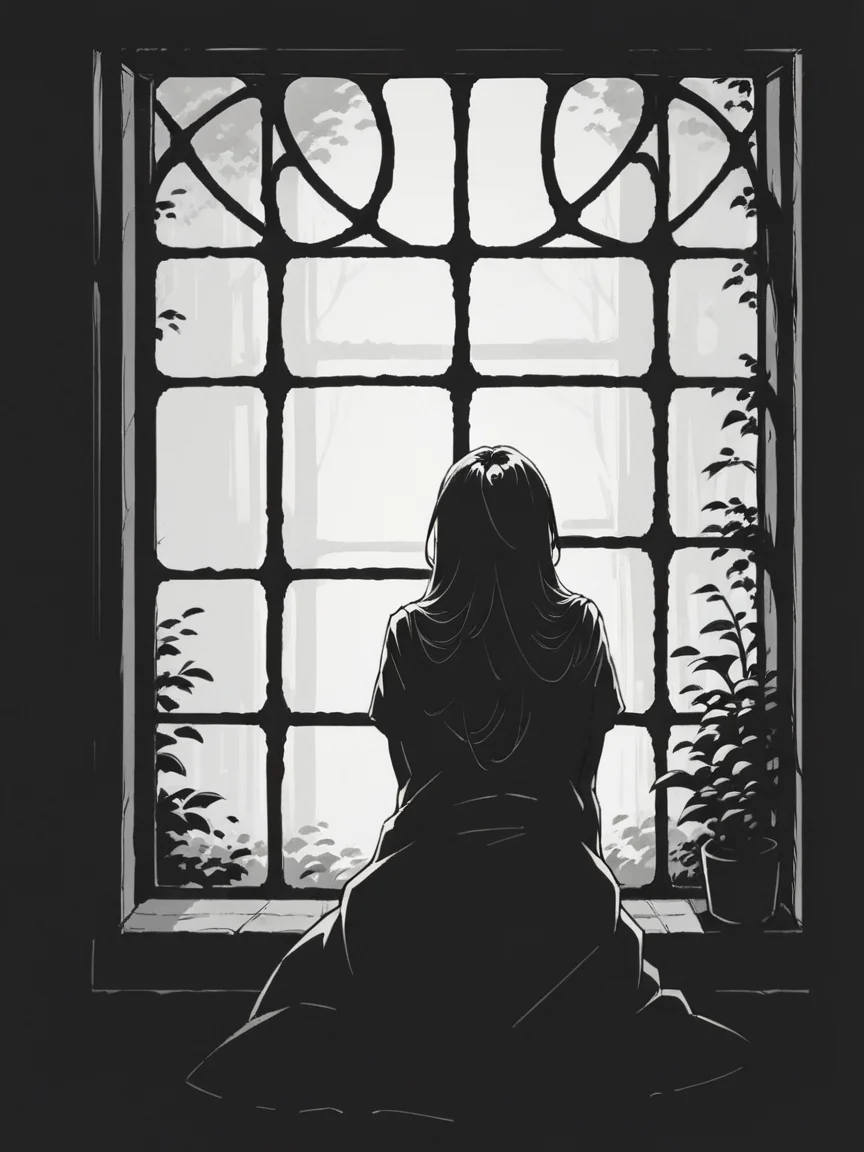 score_9, score_8_up, score_7_up, score_6_up, score_5_up, score_4_up,  <lora:c0ntr4stbwXLP:0.7> c0ntr4st, monochrome, high contrast, window, 1girl, full body,