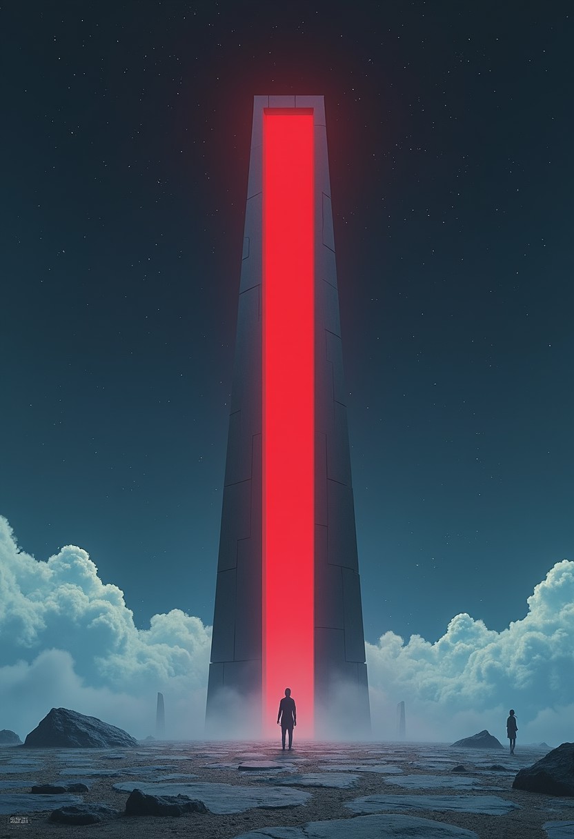 wallpaper with kubrick monolith, surreal, peopleless realistic scene of End of Evangelion