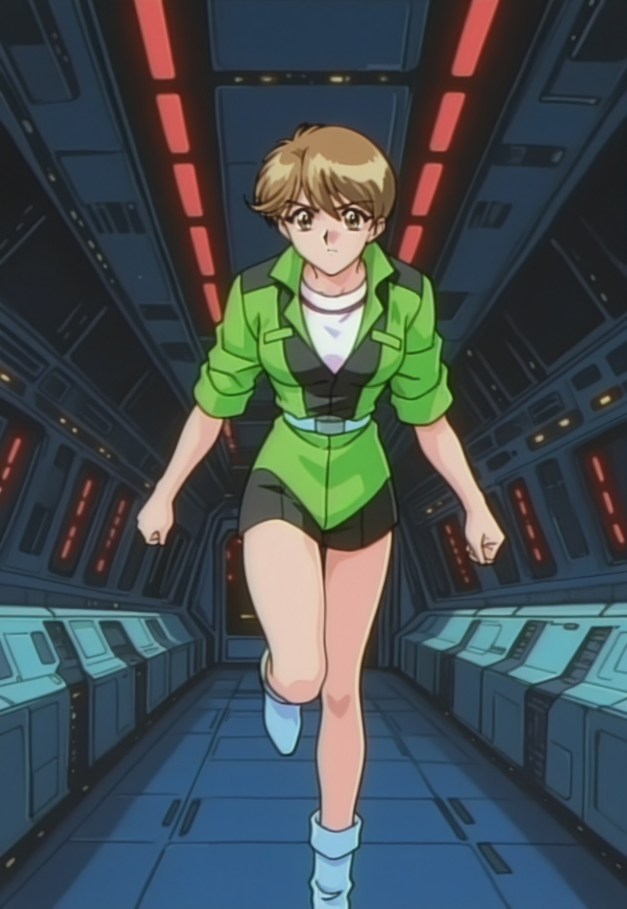 masterpiece, best quality, retro anime, serious, 1girl, solo, injuannie, short hair, brown hair, medium breasts, jacket, shirt, sleeves rolled up, belt, shorts, boots, running, red lights, spaceship, interior, 