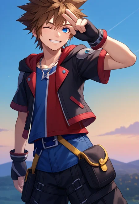 score_9, score_7_up, source_anime
sora, 1boy, male focus, solo, blue eyes, brown hair, spiked hair, blue shirt, red shirt, multicolored shirt, jewelry, necklace, jacket, multicolored jacket, multicolored clothes, black jacket, red jacket, hood, buttons, short sleeves, open jacket, open clothes, gloves, black gloves, fingerless gloves, belt, pants, black pants, baggy pants, chaps, pouch, smile, one eye closed
outdoor, sky,