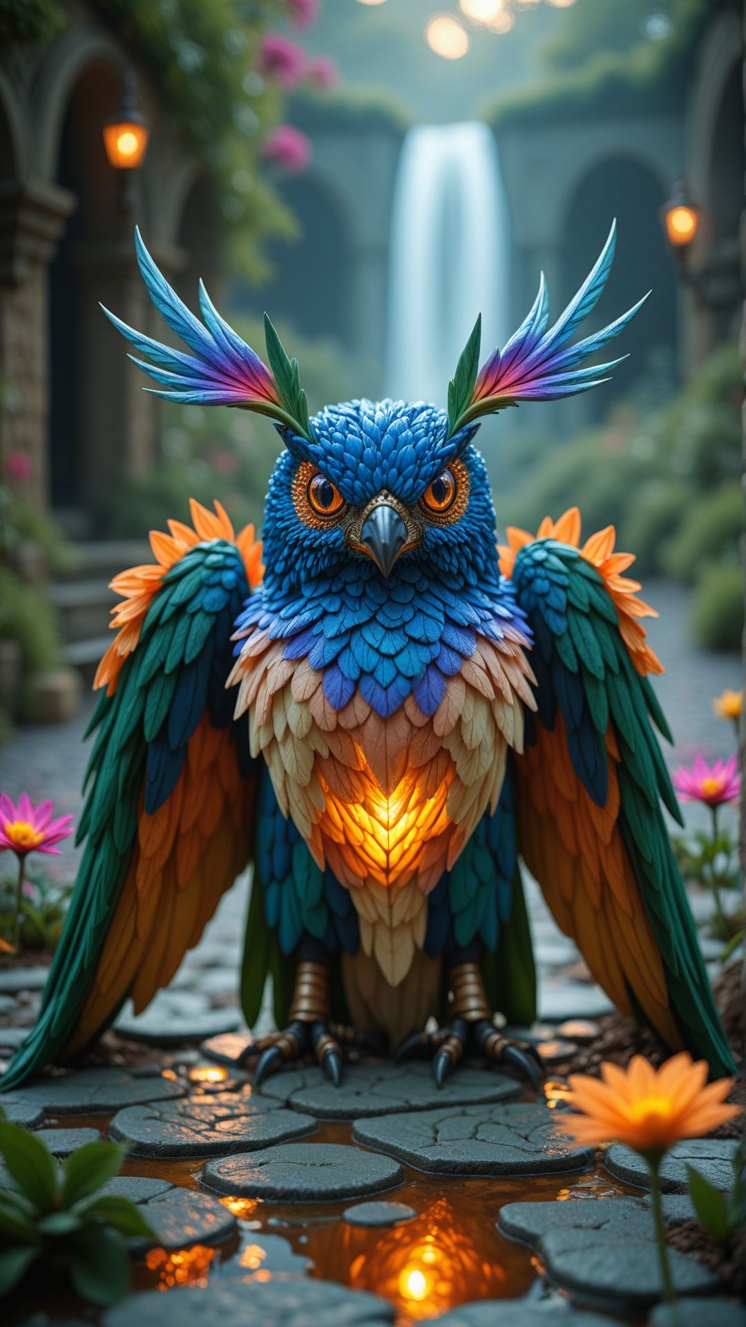 Celestial Clockwork Garden (Fantasy Art Style): A magical garden where giant clockworks synchronize with the stars, while colorful flowers bloom from living metal and mechanical birds flutter over cobblestone pathways. 
, aidmaimageupgrader  <lora:aidmaImageUpgrader-v0.3-IL:0.75>