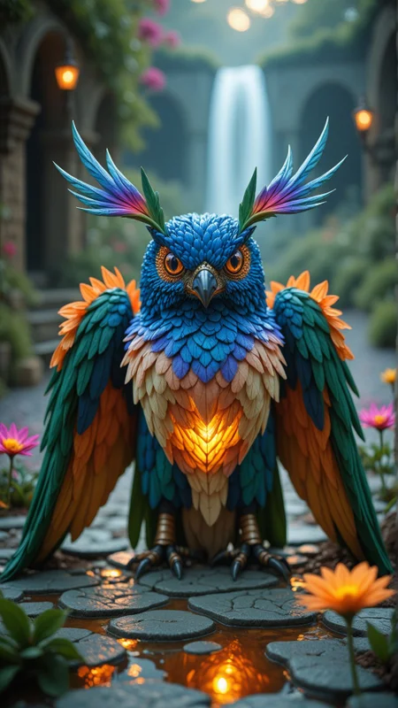 Celestial Clockwork Garden (Fantasy Art Style): A magical garden where giant clockworks synchronize with the stars, while colorful flowers bloom from living metal and mechanical birds flutter over cobblestone pathways. 
, aidmaimageupgrader  <lora:aidmaImageUpgrader-v0.3-IL:0.75>