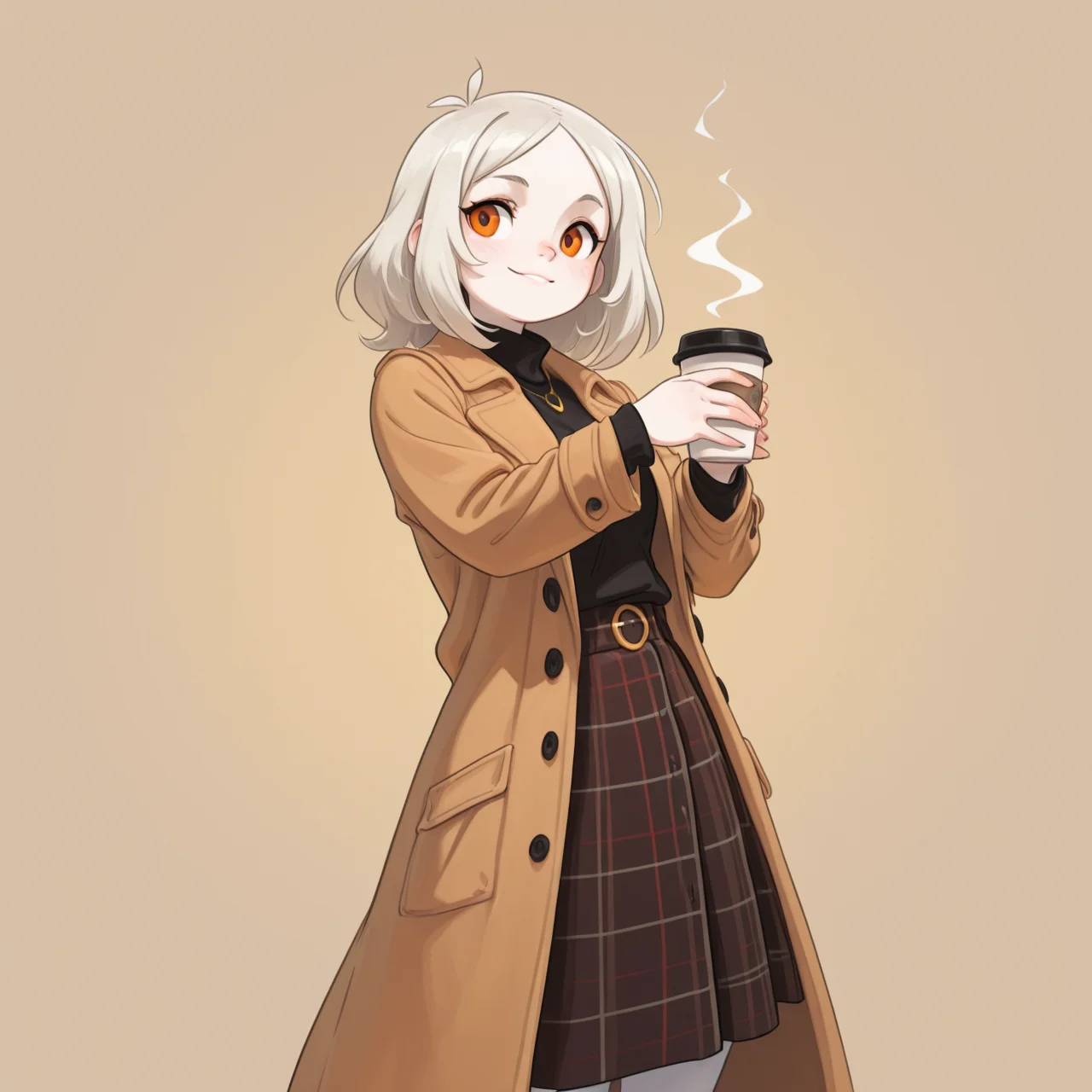 1girl, pale skin
Autumn Layered Outfit â Plaid skirt, turtleneck, long coat. (Pose: holding coffee cup with a smile; mid-range; Setting: city park with fallen leaves.)
<lora:DarkfireStyle11:1>