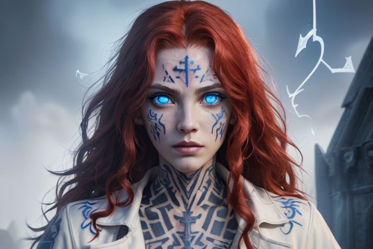 bright red hair, human female, (feminine:1.7), (beautiful face, detailed face:1.6), (beautiful eyes, detailed eyes:1.7), (looking at viewer, eye contact, intense:1.6), (long hair, red hair, curly hair:1.3), , ((masterpiece, best quality, high resolution, realistic, best quality,)), photo realistic, Perfect Face, (detailed face). <lora:GoodHands-vanilla:0.6> <lora:add-detail-xl:0.8>, mage, (Dress White military uniform coat), dagger, rune dagger, glowing runes, , (((glowing magic symbols tattoos, religious tattoos))), ((face tattoos)), glowing tattoos, stone tower in the background