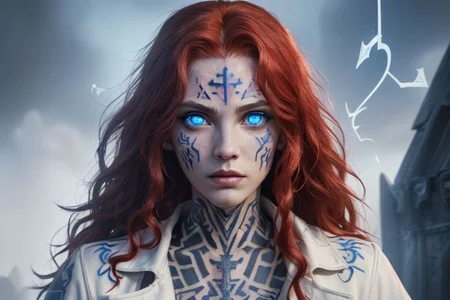bright red hair, human female, (feminine:1.7), (beautiful face, detailed face:1.6), (beautiful eyes, detailed eyes:1.7), (looking at viewer, eye contact, intense:1.6), (long hair, red hair, curly hair:1.3), , ((masterpiece, best quality, high resolution, realistic, best quality,)), photo realistic, Perfect Face, (detailed face). <lora:GoodHands-vanilla:0.6> <lora:add-detail-xl:0.8>, mage, (Dress White military uniform coat), dagger, rune dagger, glowing runes, , (((glowing magic symbols tattoos, religious tattoos))), ((face tattoos)), glowing tattoos, stone tower in the background