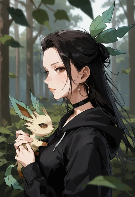 score_9, score_8_up, score_7_up, score_6_up, score_5_up, score_4_up,
 <lora:ValoraV2:0.8> v4l0r4,
1girl, solo, long hair, looking at viewer, black hair, long sleeves, holding, closed mouth, jewelry, brown eyes, jacket, upper body, outdoors, earrings, sweat, choker, looking back, hood, blurry, sweatdrop, from side, black jacket, tree, pokemon (creature), black choker, profile, animal, leaf, hood down, plant, straight hair, nature, forest, hoop earrings, hair behind ear, holding animal, film grain, holding pokemon, leafeon