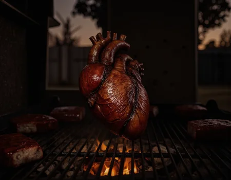 <lora:Oddart:0.8> oddart, A surreal and unsettling photograph of a human heart sizzling on a grill, set against a dark and moody backdrop. The heart, with its intricate network of veins and arteries, is cooked to a charred, blackened state, with a glossy sheen of oil and sauce. It's positioned on the grill as if it were a normal piece of meat, with the metal grates leaving sear marks on its surface. The lighting is dim, with warm, golden tones emanating from the grill's heating elements, casting long shadows that accentuate the heart's textured, almost alien appearance. In the background, blurred and out-of-focus, are the faint outlines of a kitchen or backyard, with hints of trees, fences, or other outdoor features. The shot is a close-up, macro view, with a very shallow depth of field that blurs everything except the heart itself, making it the sole focus of the image. The overall atmosphere is one of unease and discomfort, with the heart's presence on the grill challenging the viewer's expectations and sparking a sense of morbid curiosity. The image features a hyper-detailed, photorealistic rendering style, with every detail of the heart's anatomy and the grill's surface meticulously captured, ending with a sense of stark, unflinching realism. . 35mm photograph, film, bokeh, professional, 4k, highly detailed