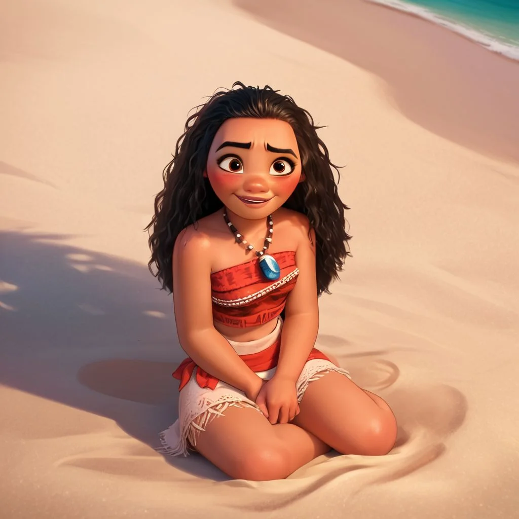 score_9, score_8_up, score_7_up, score_6_up, score_5_up, score_4_up, rating_explicit, Moana, on the beach, sitting, small breasts, embarrassed smile, blushing, lots of pubic hair, looking up at viewer, covered in sand, messy hair, light brown eyes