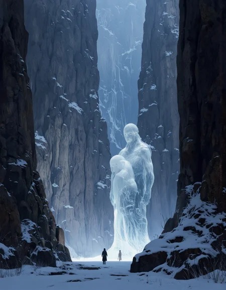 By Arthur Yuan. A surreal digital illustration shoot from a far camera angle about a mystical landscape with towering rock formations and a serene atmosphere. the image also shows two figures standing in the middle of the image, one standing tall and the other sitting still. the figures appear to be made of a translucent material, possibly ice or snow, with intricate details and a realistic texture. they are facing the viewer and looking directly at them, with a sense of calm and serenity. in the background, there are tall, jagged rock formations that are illuminated by a soft, ethereal light, casting a gentle glow on their faces and bodies. the scene is set in a snowy landscape, with snow on the ground and a cold, misty atmosphere surrounding the figures. the overall mood is one of solitude and introspection, with the figures standing out against the stark, icy landscape.
