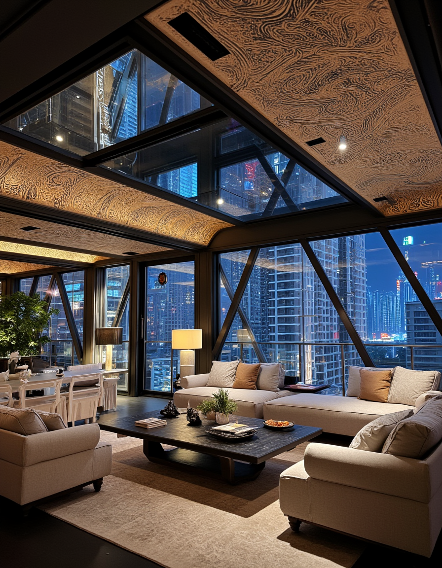 <lora:Home_R01fluxb:1> homer01, photo of a living room, luxurious design, Futuristic sci-fi lounge, diagonal beams, Futuristic cyberpunk cityscape, urban station, geometric patterns, intricate frescoes, metallic structure,
