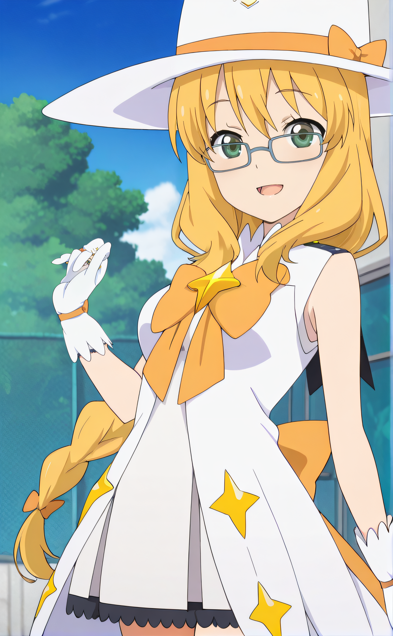 masterpiece, best quality, highres, newest, 1girl, solo, official style, anime screencap, <lora:Magical_Girl_Outfit:1>, houkagogirl, magical girl, orange bow, white hat, blonde hair, braided ponytail, green eyes, glasses, looking at viewer, smile, outdoor, cowboy shot, hand up, open mouth, medium breasts