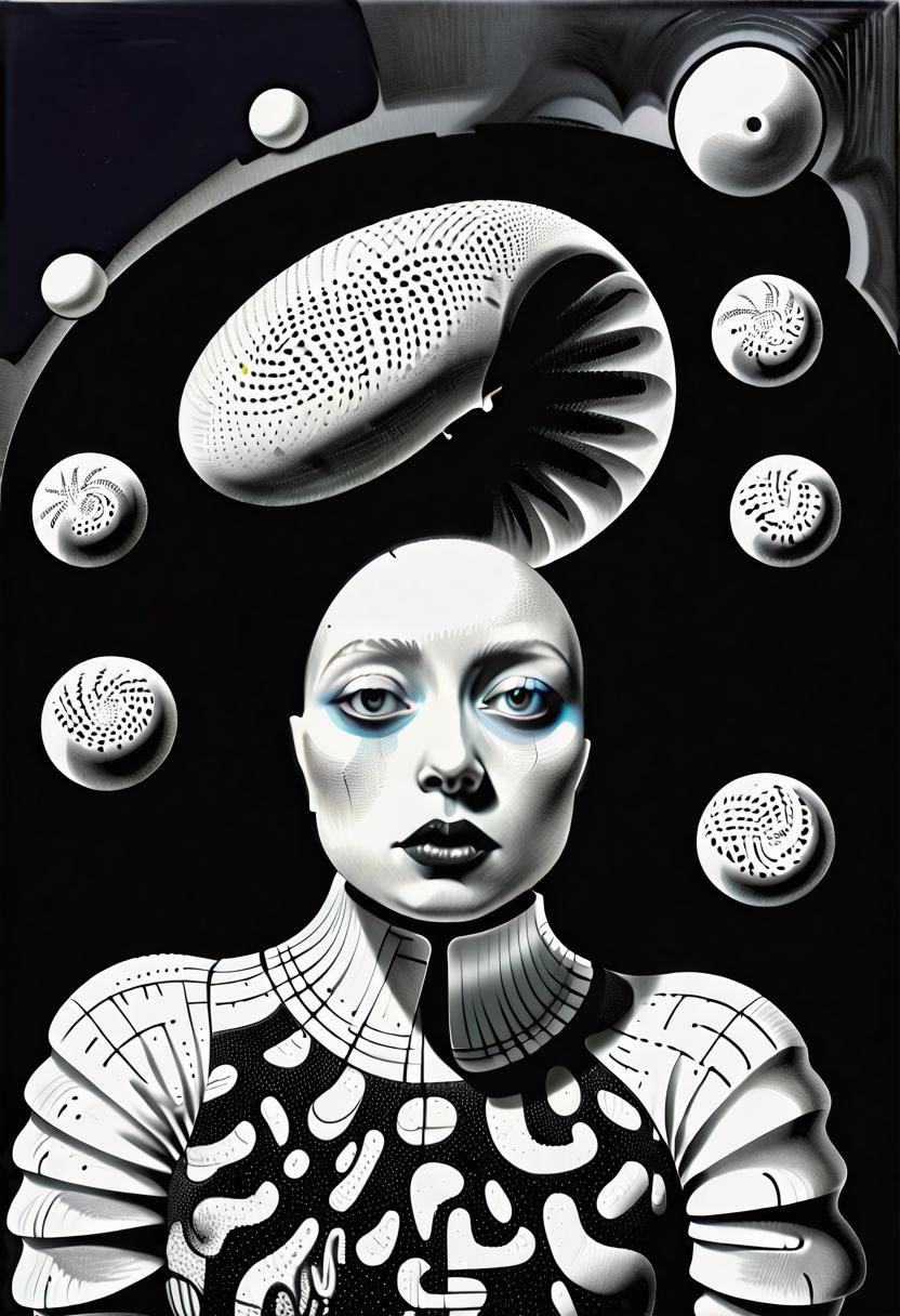 raw sketch of interwoven concrete cement pebbles cob cobblestone shell scales, by Bellmer, by Malevitch, by Kandinsky, Surreal psychedelic bizarre, psychedelic hallucination, pop surrealism, rough crosshatch drawing pop art Lunatic_Portrait of a young woman in latex Avant-garde Fashion page, slick back, low bun, black makeup, sinister expression, intense glare, (melting flesh covered in moss, rot, mold, bubbles, droplets:1.5), avant-garde, abstract, weird, geometric, constructivism, suprematism, rayonism, verticism, lineism, tj