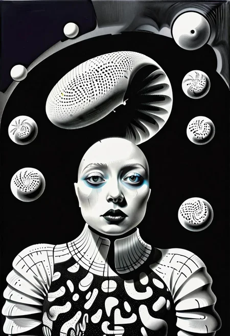 raw sketch of interwoven concrete cement pebbles cob cobblestone shell scales, by Bellmer, by Malevitch, by Kandinsky, Surreal psychedelic bizarre, psychedelic hallucination, pop surrealism, rough crosshatch drawing pop art Lunatic_Portrait of a young woman in latex Avant-garde Fashion page, slick back, low bun, black makeup, sinister expression, intense glare, (melting flesh covered in moss, rot, mold, bubbles, droplets:1.5), avant-garde, abstract, weird, geometric, constructivism, suprematism, rayonism, verticism, lineism, tj