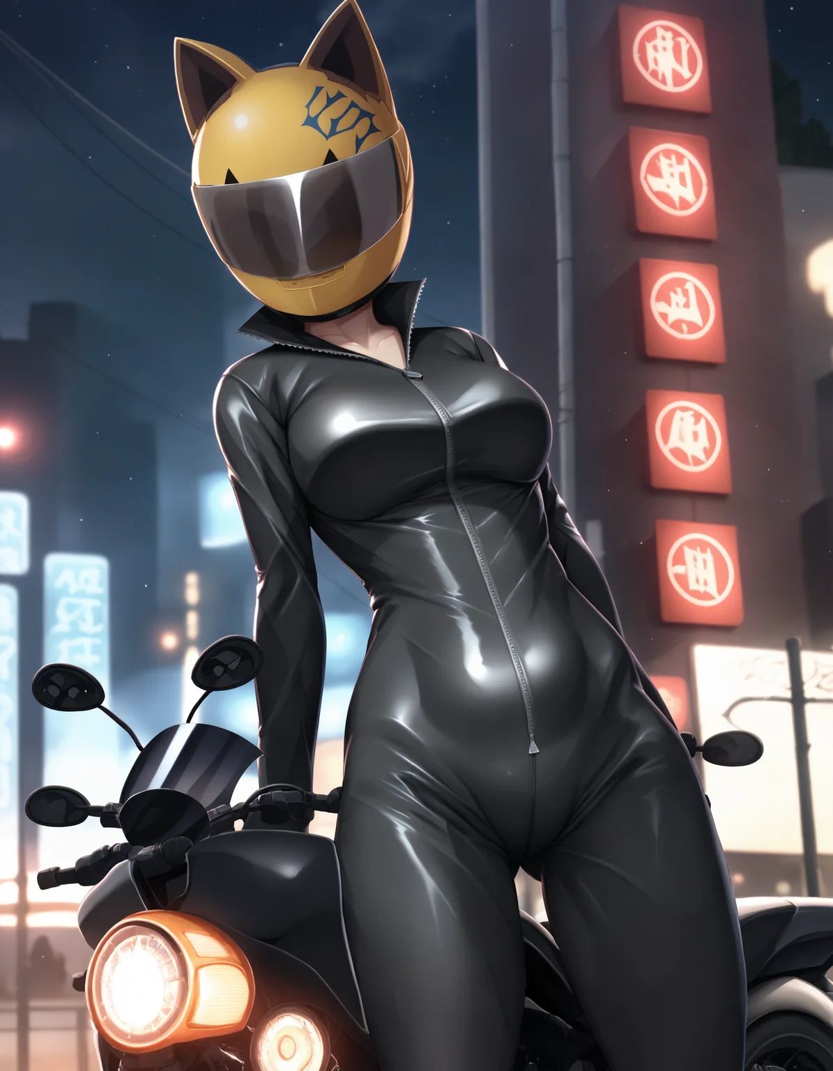 score_9, score_8_up, score_7_up, score_6_up, score_5_up, score_4_up, source_anime, emc, celty, 1girl, female, standing, helmet, bodysuit, black bodysuit, motorcycle helmet, biker clothes, animal ears, bikesuit, leather, detailed background, outside, night, darkness, xwp
<lora:celty_pdxl:1>