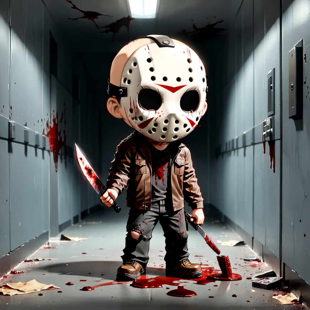 Masterpiece,absurd resolution,high quality,8k,
jason,solo,shirt,1boy,holding,jacket,full body,weapon,male focus,pants,grey background,chibi,holding weapon,black jacket,torn clothes,blood,mask,brown footwear,black pants,knife,brown jacket,holding knife,blood on clothes,blood splatter,blood on hands,blood on weapon,blood stain
,liminal space,indoors,no humans,window,sunlight,scenery,door,light,locker,hallway,ceiling light,
 <lora:itshalloween_xl:0.8>