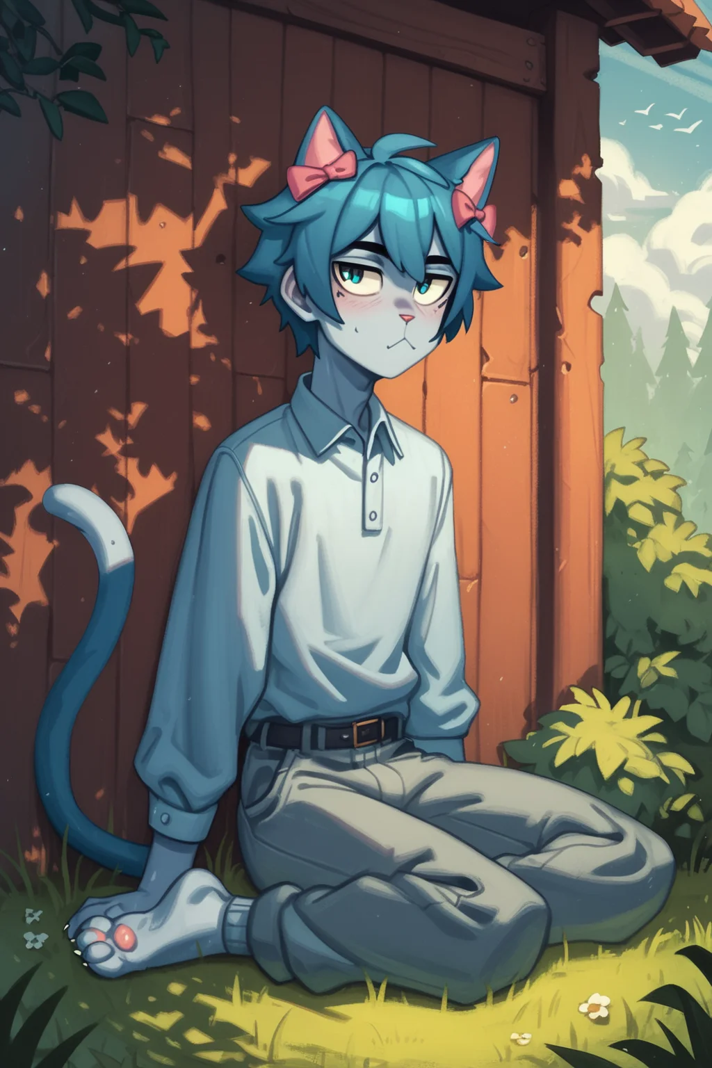 score_9, score_8_up, score_7_up, score_6_up, 1boy, tomgirl, solo, outside,
sima /(vkontakte/), tail, sima (vkontakte), cat ears, blue skin color, hair bow, (blue hair color:1.1), <lora:sima:0.6>
(kelvin hiu:0.5),
d4rk01l, <lora:d4rk01lXLP:0.1>
garainy palaroid <lora:Concept Art Ultimatum Style LoRA_Pony XL v6:1>