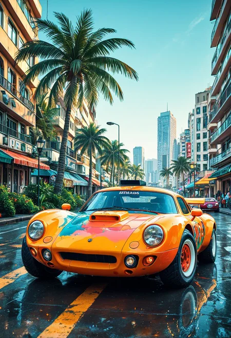 SmoothNoob_Quality, 1980s \(style\), no humans, HDR, tropical, palm trees, city, landscape, summer, very intricate, very detailed, sharp, bright, colorful, cars street, lamppost, <lora:Smooth_Booster:0.5>βββ