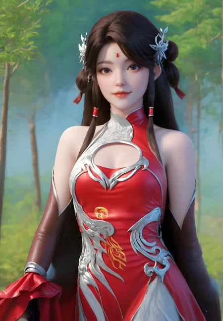looking_at_viewer,cowboy_shot,(locked_arms:1.2),1girl,solo,dress,(face light:1.5),hair ornament,portiart,from front,masterpiece,(best quality),official art,extremely detailed cg 8k wallpaper,((crystalstexture skin)),(extremely delicate and beautiful),solo,realistic,photo_\(medium\),hiqcgbody,chinese background,(smile:0.4),eye-contact,jewelry,long hair,<lora:huolinger_V3-000006:1>,
