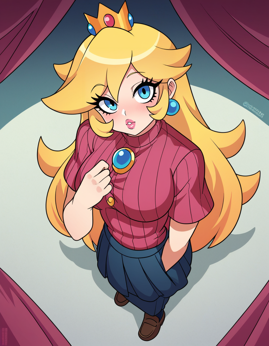 zPDXL, score_9, score_8_up, score_7_up, score_6_up, score_5_up, 4k, absurdres, looking at viewer, <lora:Perfect Hands:0.8> Perfect Hands, 1girl, solo, 
Princess Peach, blonde hair, long hair, speaking, talking, on_side, button-down-shirt, loafers, ribbed-pantyhose,
<lora:NicoNeko_v1:0.8> ncnk, silk