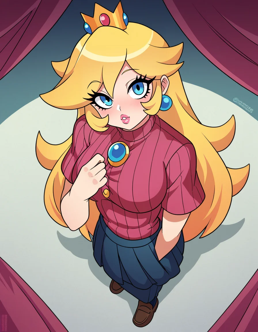 zPDXL, score_9, score_8_up, score_7_up, score_6_up, score_5_up, 4k, absurdres, looking at viewer, <lora:Perfect Hands:0.8> Perfect Hands, 1girl, solo,
Princess Peach, blonde hair, long hair, speaking, talking, on_side, button-down-shirt, loafers, ribbed-pantyhose,
<lora:NicoNeko_v1:0.8> ncnk, silk