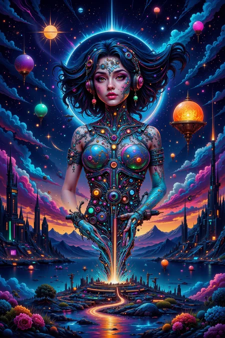 floating in space beautiful landscape, bright luminous starry night, woman, very intricate, very detailed, sharp, bright, colorful, <lora:Hand v2:0.5> <lora:Anti-Blur:1><lora:Insane Detail Slider:0.25> <lora:flux.1_lora_flyway_Epic-detail_v2:0.3> <lora:fluxenhancer:0.25> <lora:ck-Neon-Retrowave:0.4> ck-rw, in the style of ck-rw, <lora:Neurocore Anime Cyberpunk v2.0:0.8> <lora:neon-cyberpunk-alla-prima:0.6> mad-llprm