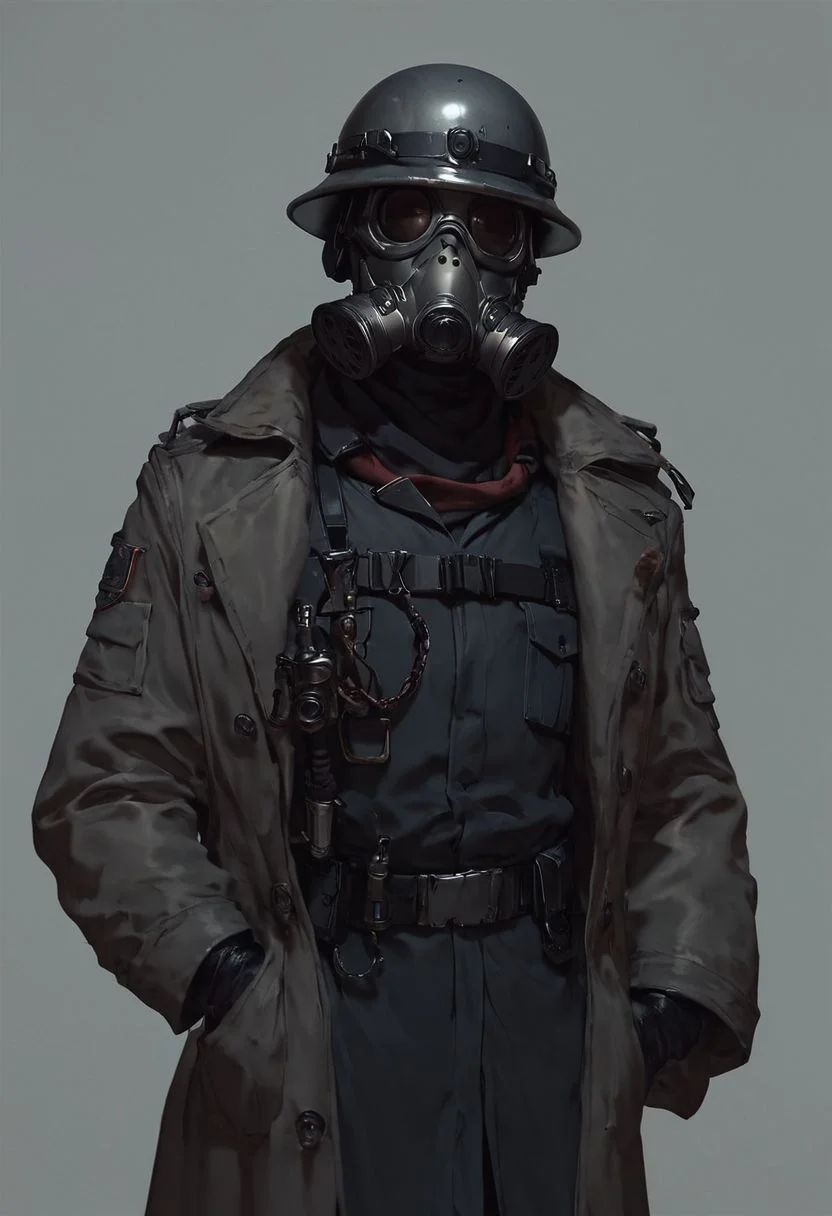 score_9, score_8_up, score_8_up, Captain, Sci fi Gas mask, grimdark, grey soldier helmet, metal breastplate, grey uniform, black uniform, Trenchcoat, trenchcoat, sci fi revolver
