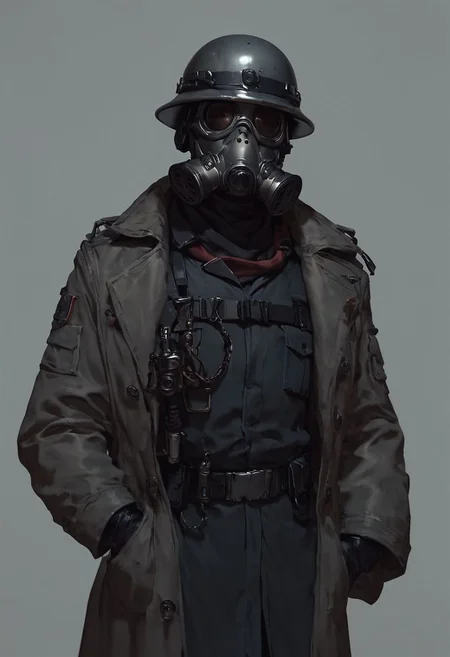 score_9, score_8_up, score_8_up, Captain, Sci fi Gas mask, grimdark, grey soldier helmet, metal breastplate, grey uniform, black uniform, Trenchcoat, trenchcoat, sci fi revolver