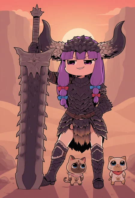 <lora:SDXL\Illustrious\NOOB_vp1_detailer_by_volnovik_v1.safetensors:0.6:1.0>bkub,1girl, contrapposto,Patchouli knowledge, solo, pruple eyes, purple hair, long hair, monster hunter \(series\),(felyne:1.1) , slim tall,alternate costume ,nergigante \(armor\),smirk,large greatsword, medieval fantasy,desert, stones, grand canyon, detailed background,incredibly absurdres, highres, masterpiece, newest