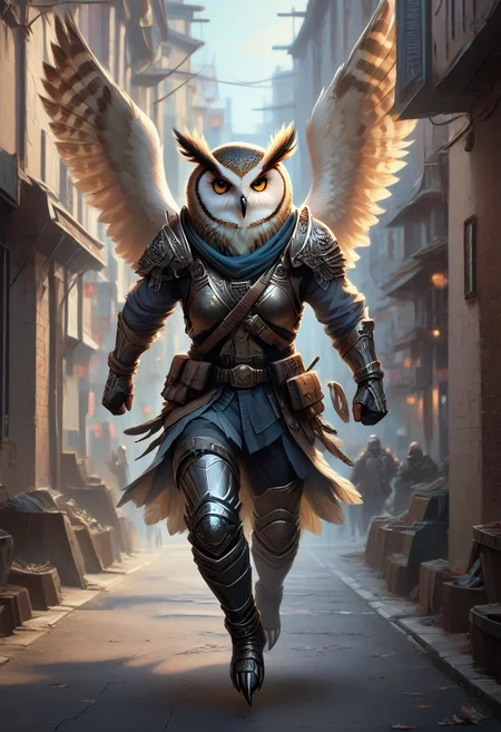 Owlfolk, a soldier running through an alleyway