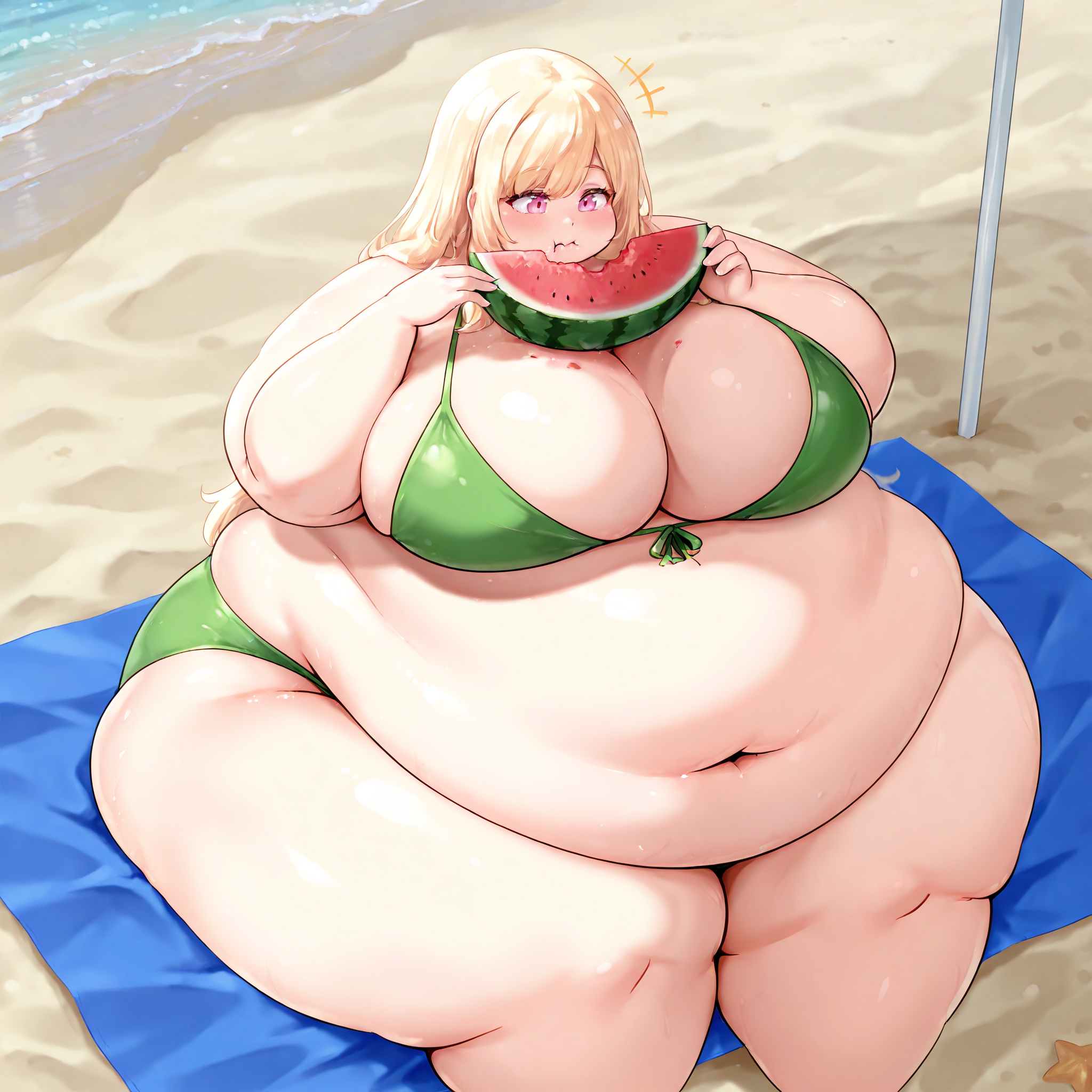 (masterpiece), best quality, (highly detailed), 1female, solo, <lora:TheBreadGuardian_style_Illustrious:0.8>, fat, obese, sitting, huge belly, huge thighs, thick thighs, sitting on floor, beach towel, beach, green bikini, huge breasts, blonde hair, pink eyes, eating watermelon,