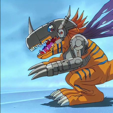 metalgreymon, side view, attack pose, mouth open, in the air, band down