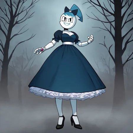 (Masterpiece, best quality:1.2), score_9, score_8_up, flat color, flat shading, soft shading, lighting, Jenny Wakeman as an adult, (((in a 1950's full length formal dark blue dress, a white belt, a fluffy frilly ruffled full white petticoat, and black high heels))), dress, layered petticoat, frilly petticoat, fluffy petticoat, full petticoat, detailed petticoat, wide skirt, detailed outfit, flowing skirt, (((long skirt))), (((solid dark blue colored dress, black high heels))), blue hair, series accurate, cute, best high quality, high res, robot, humanoid robot, (((giant breasts, cleavage))), whole body shot, 1girl, (((solo, outside, in a dark creepy forest, at night, heavy fog surrounding her, fog, heavy fog, looking at you, low angle))), (((evil, evil smile, determined evil eyes, posing gracefully and evilly))), low angle shot, cartoon, cartoon style, vector, solo, circle dress, 1950s, dance dress jenny, jenny wakeman, 1girl, solo, robot joints, black eyes, white skin, ponytail, hair bow, blue rose chest corsage, poofy dress, blue hair, flat lighting,