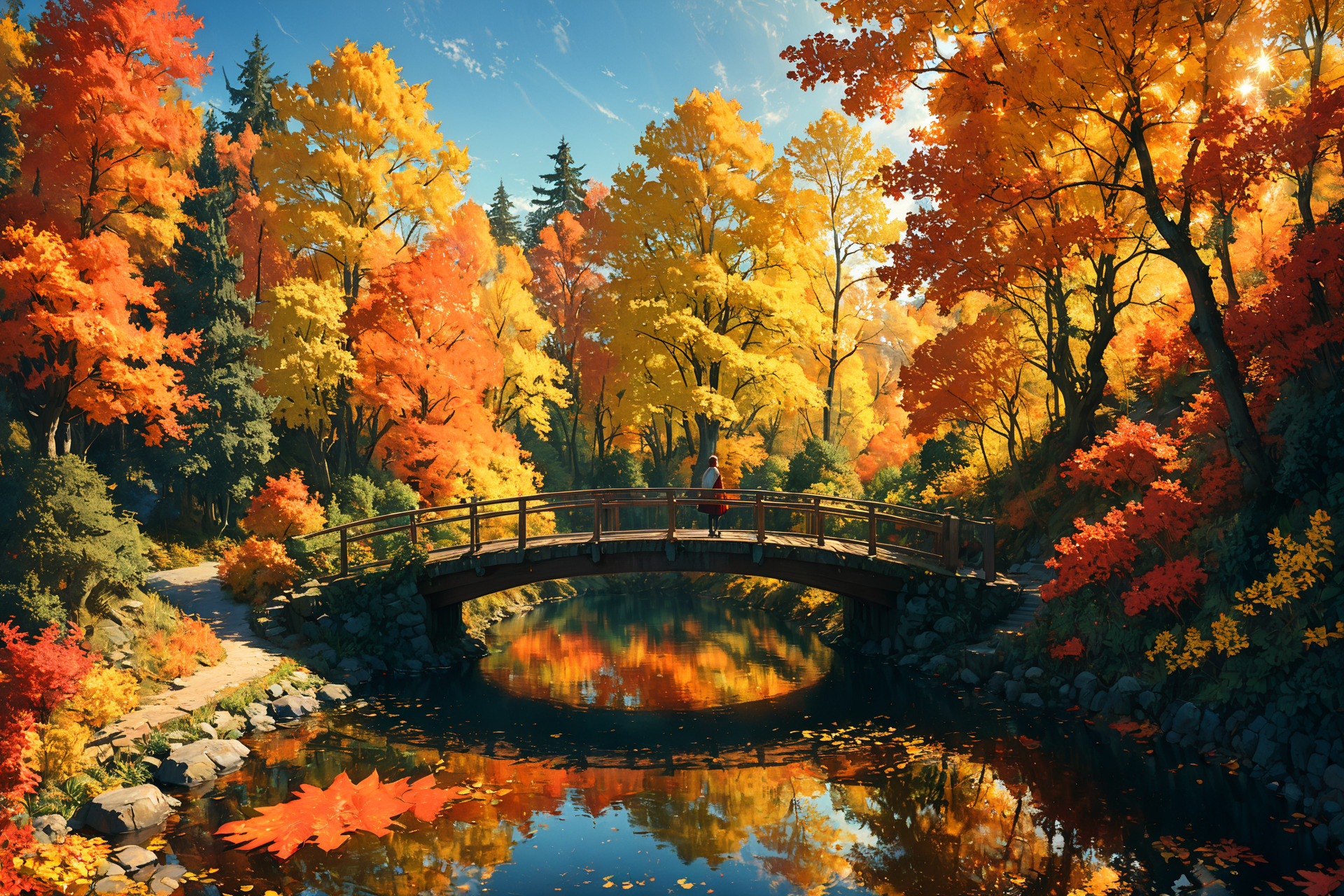 Imagine a serene landscape in the heart of autumn, where the vibrant hues of red, orange, and yellow leaves contrast strikingly against a clear, azure sky. A gentle river meanders through the scene, reflecting the brilliant colors of the trees on its smooth surface. In the foreground, a small wooden bridge arches over the river, inviting onlookers to cross. A solitary figure, clad in a cozy sweater and scarf, stands on the bridge, pausing to take in the breathtaking view. The air is crisp and filled with the subtle scent of falling leaves, creating a sense of peace and tranquility. This picturesque setting captures the essence of autumn's beauty and the reflective mood it inspires.. <lora:Lost_In_Dreams:0.6> <lora:xl_more_art-full_v1:0.6>, (masterpiece:1.2), best quality, (hyperdetailed, highest detailed:1.2), high resolution textures