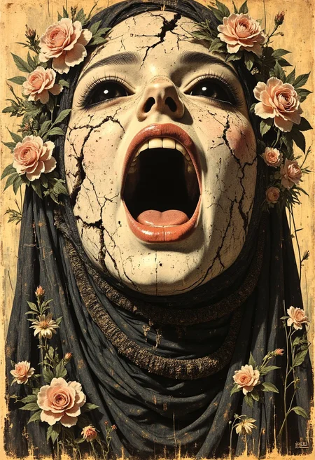 Create an intricately detailed, hyper-realistic portrait of an aging, cracking, and broken Victorian-era porcelain and paper-mâché doll depicting a wise woman. A prominent crack with a hole adorns her forehead revealing a subtle glow inside the doll, adding an unsettling and eerie aura to her visage. Her eyes are completely black, resembling deep voids that seem to hold ancient secrets and untold stories. She is set against a backdrop of aged, yellowed parchment, its worn textures complementing her own decaying appearance. Her ornate, Victorian-inspired gown is adorned with delicate, hand-crafted paper flowers, their petals unfolding like tiny, intricate sculptures—some torn and weathered by time. Her mouth is open wide as if screaming.
The overall aesthetic blends Luis Royo's dark, mystical realism with Artgerm's meticulous attention to detail and H.P. Lovecraft's eerie, otherworldly sensibilities. Ambient light casts dramatic shadows across her face, accentuating the aging textures of the paper-mâché and the luminous yet cracked porcelain-like skin. The delicate, swirling patterns of the gown's aged embroidery are highlighted, emphasizing the craftsmanship of a bygone era. Wisps of faded lace and frayed edges add to the haunting beauty of the scene. The atmosphere exudes haunting elegance and creeping unease, capturing the duality of beauty and decay in a single, mesmerizing image.