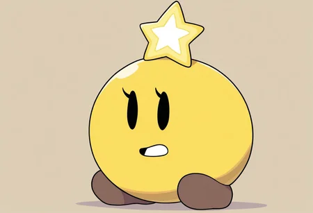 masterpiece, best quality, solo, full body, starlow, round body, yellow body, black eyes, solid oval eyes, eyelash, star above head, brown feet, star \(symbol\), waddling head, white mouth, two feet, no hands, no arms,