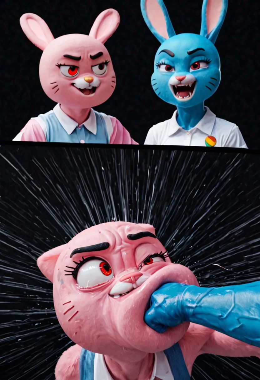 score_9, score_8_up, score_7_up, anais gumball, Nicole Waterson, anthro, rabbit, pink fur, red eyes, 2koma, raised eyebrow, multiple views, first smug then pain face, face punch, pain, 1girls, arm punching, speed lines, black background, punching each-other