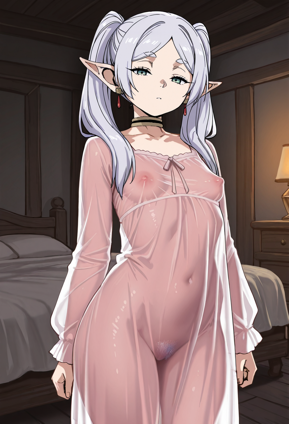 masterpiece, best quality, cowboy shot,
 <lora:Kisuu_Odd_este_es:1> k1500,  1girl, solo, half-closed eyes, looking at viewer, frieren, small breasts, pink covered nipples, female pubic hair, nightgown, long sleeves, see-through clothes, covered nipples, earrings, choker, indoors, bedroom,