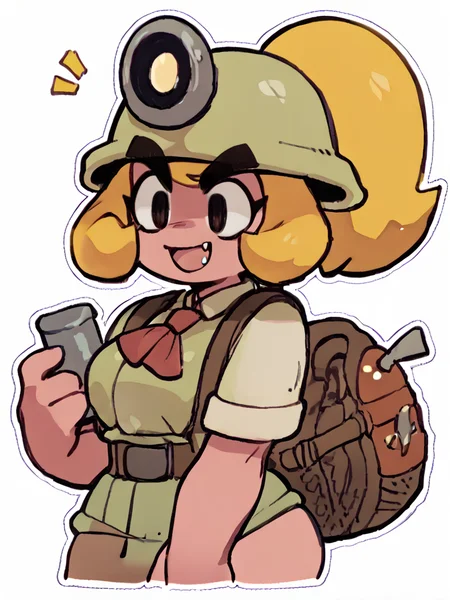 goombella, thick eyebrows, 1girl, pink skin, helmet,blonde hair,fang,outdoors,    ponytail, score_9, score_8_up, score_7_up, score_6_up, score_5_up, score_4_up <lora:Goombella_PDXL:1>  <lora:PaperPeachPony1.0:1> , solid oval eyes, white outline,