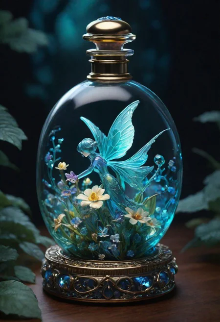 Intricate gorgeous detailed bioluminescent magical and dreamy fairy perfume bottle, breathtaking borderland fantasycore artwork by Android Jones, Jean Baptiste monge, Alberto Seveso, Erin Hanson, Jeremy Mann. maximalist highly detailed and intricate professional_photography, a masterpiece, 8k resolution concept art, Artstation, triadic colors, Unreal Engine 5, cgsociety