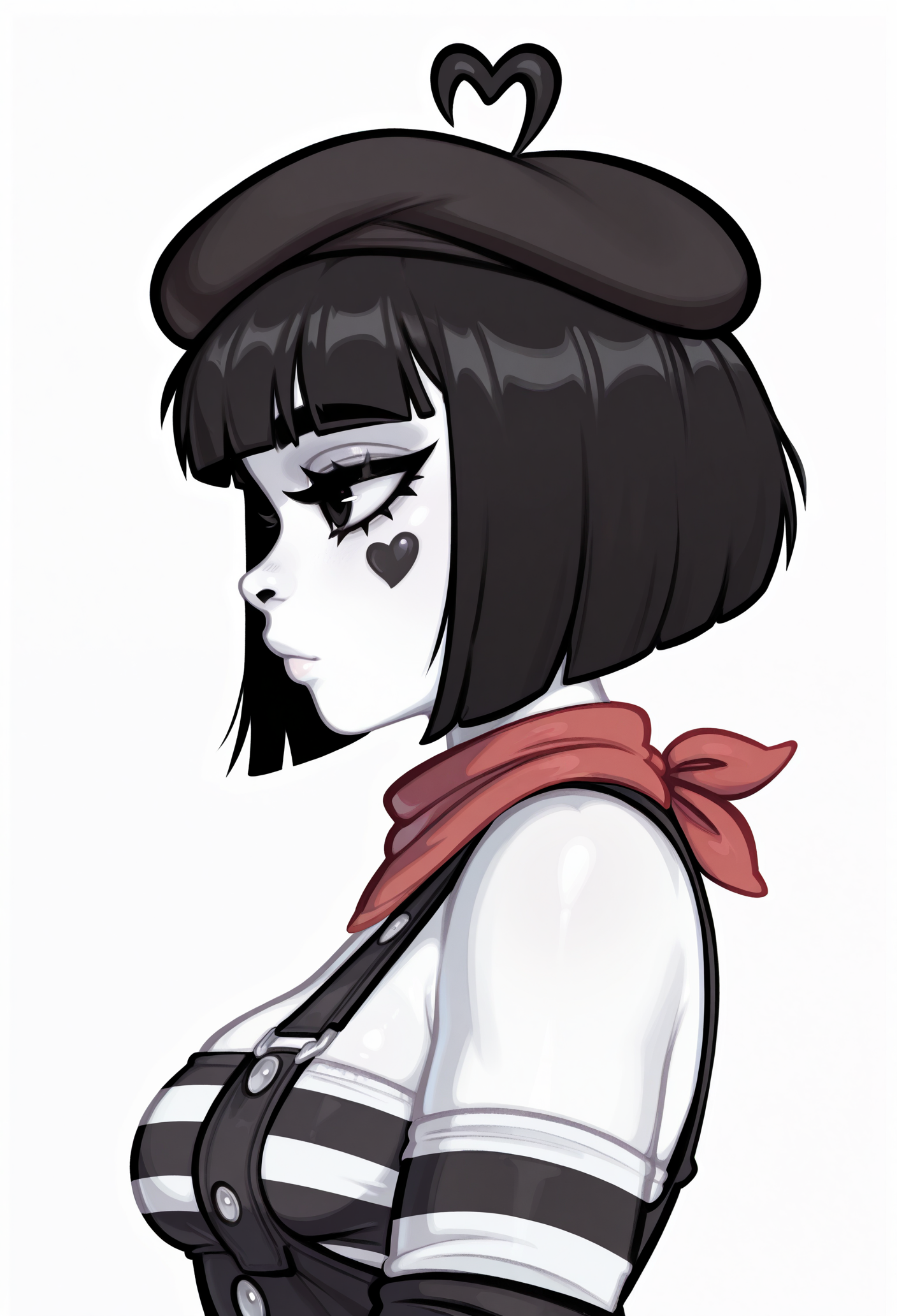 1girl, solo, white background, portrait, profile, 
white skin, short hair, black hair, bob cut, blunt bangs, black eyes, heart ahoge, black headwear, beret, 
detached sleeves, striped clothes, red bandana, bare shoulders, striped shirt, black overalls, 
masterpiece, best quality, <lora:bonbon_(derpixon)-guy90-Illust-LoraV104:1>, nobnob, <lora:Blushyspicy-guy90-IllustriousV101:1>, yciblu