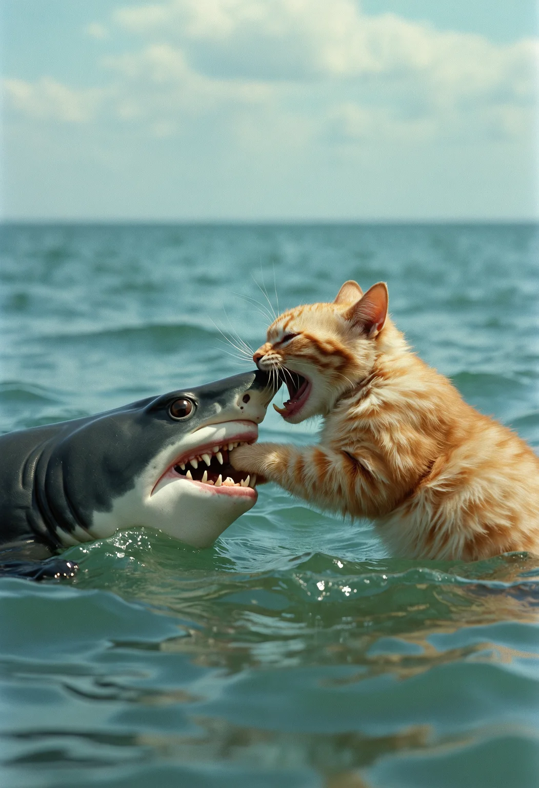 fat fluffy cat bites shark's neck with teeth. on sea surface