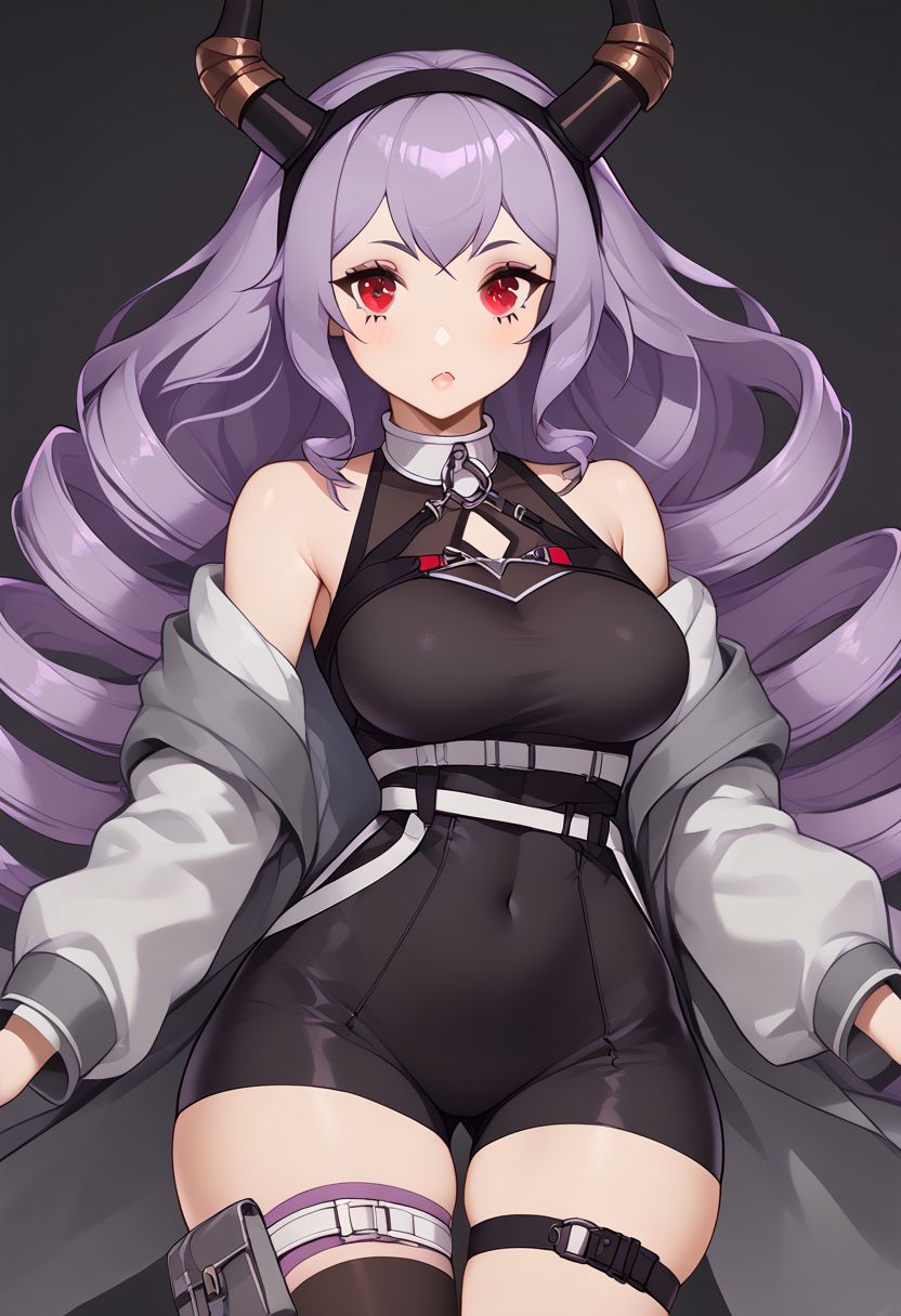 score_9, score_8_up, score_8, medium breasts, (curvy), cute, eyelashes,  zzNill, BREAK,
patTyphon, very long hair, purple hair, sidelocks, drill hair, twin drills, red eyes,  black hairband, horns, open coat, grey coat, long sleeves, sleeveless shirt, black shirt, clothing cutout, bare shoulders, belt, buckle, covered navel, black leotard, black shorts, thigh strap, thigh belt, asymmetrical legwear, single thighhigh, black thighhighs, socks, grey footwear,
wide hips, narrow waist,