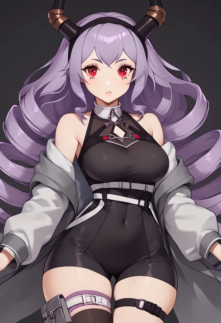 score_9, score_8_up, score_8, medium breasts, (curvy), cute, eyelashes, zzNill, BREAK,
patTyphon, very long hair, purple hair, sidelocks, drill hair, twin drills, red eyes, black hairband, horns, open coat, grey coat, long sleeves, sleeveless shirt, black shirt, clothing cutout, bare shoulders, belt, buckle, covered navel, black leotard, black shorts, thigh strap, thigh belt, asymmetrical legwear, single thighhigh, black thighhighs, socks, grey footwear,
wide hips, narrow waist,