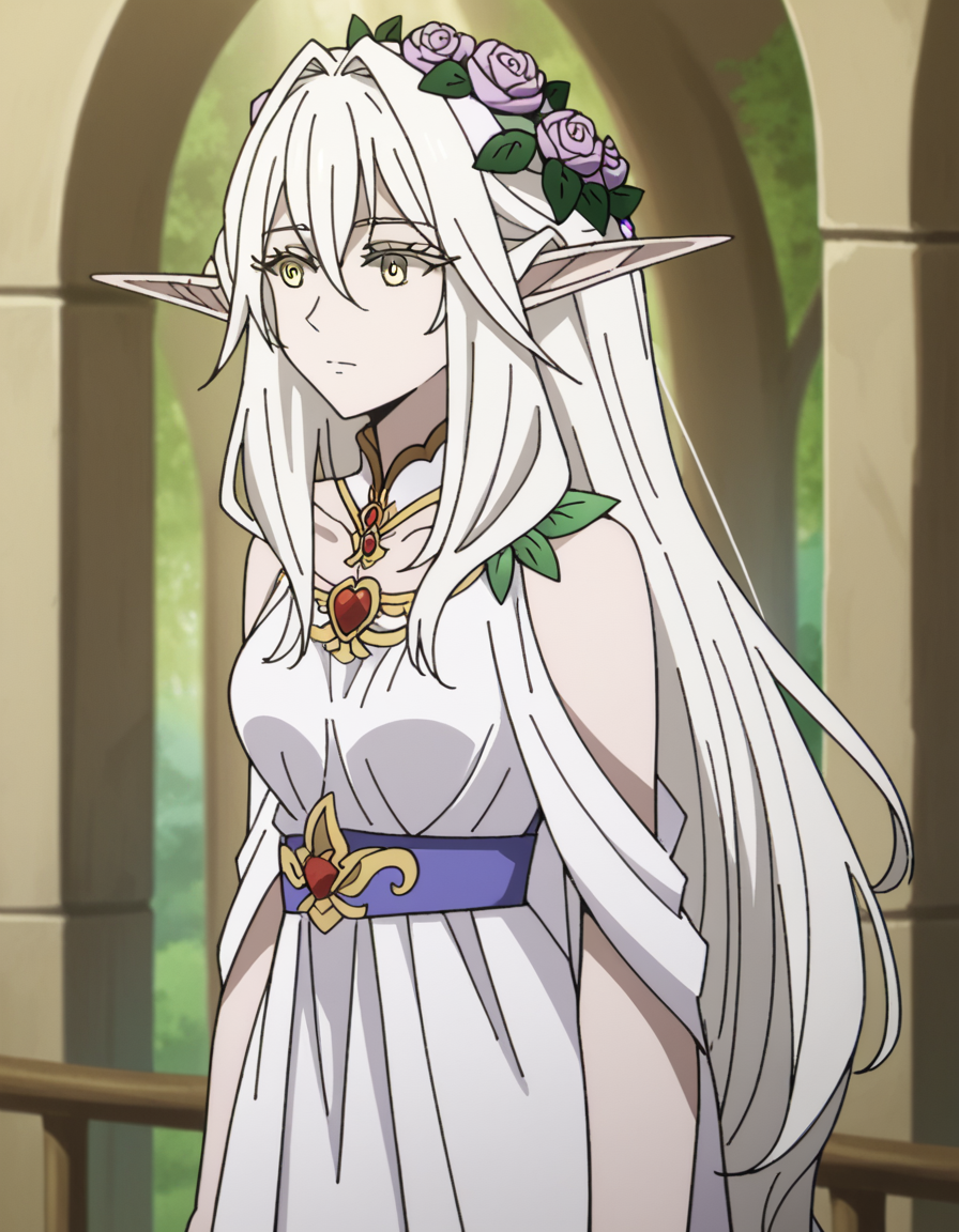score_9, score_8_up, score_7_up, source_anime, <lora:forest-princess-s2-ponyxl-lora-nochekaiser:1>, forest princess, long hair, hair ornament, hair between eyes, yellow eyes, white hair, flowers, pointy ears, hair flower, rose, hair intakes, elf, medium breasts,, dress, collarbone, white dress,, museum, art exhibit, paintings, observing, quiet contemplation, cultural experience, , , from side, solo,, cowboy shot, dutch angle