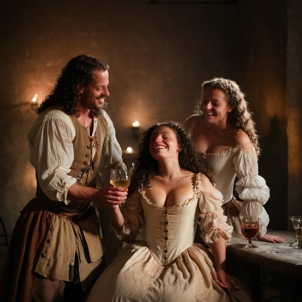 1680-89, 1boy, a cavalier musketeer, scabbard, hat under arm, long curly hair, face in shadows, man groping the covered breasts of a girl, 2girls, prostitutes, perfect face, in plain coarse cotton dresses, drinking gin inside a smokey bar in Rotterdam, breast grab over shoulder, large breasts, ribbons, buttons, makeup, seductive smiles, laughing, merrymaking, flowing fabric, genre painting, dynamic action, gritty, urban, indoors, circa 1689, multiple people in background, female focus, pretty wanton faces, indoors, dark, night, candlelight, firelight, low ceiling, wooden tables, fine art by Michiel van Musscher
<lora:1680-89:1.1> <lora:sinfully_stylish_SDKL:1>
<lora:Breast_Grab_over_shoulders:1>
